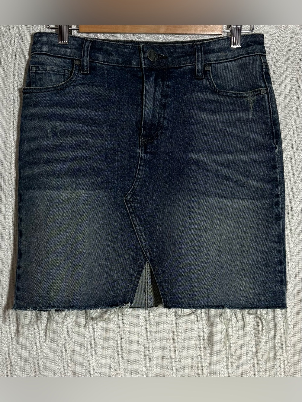 Kut from the Kloth Dark Wash Denim Mini Skirt with Frayed Hem